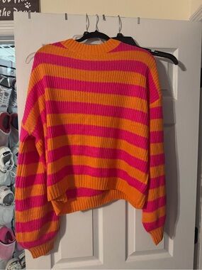 SHEIN Pink & Orange Striped Cropped Crewneck Sweater